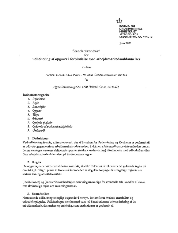 Kontrakt for udlicitering af opgaver i forbindelse med arbejdsmarkedsuddannelser