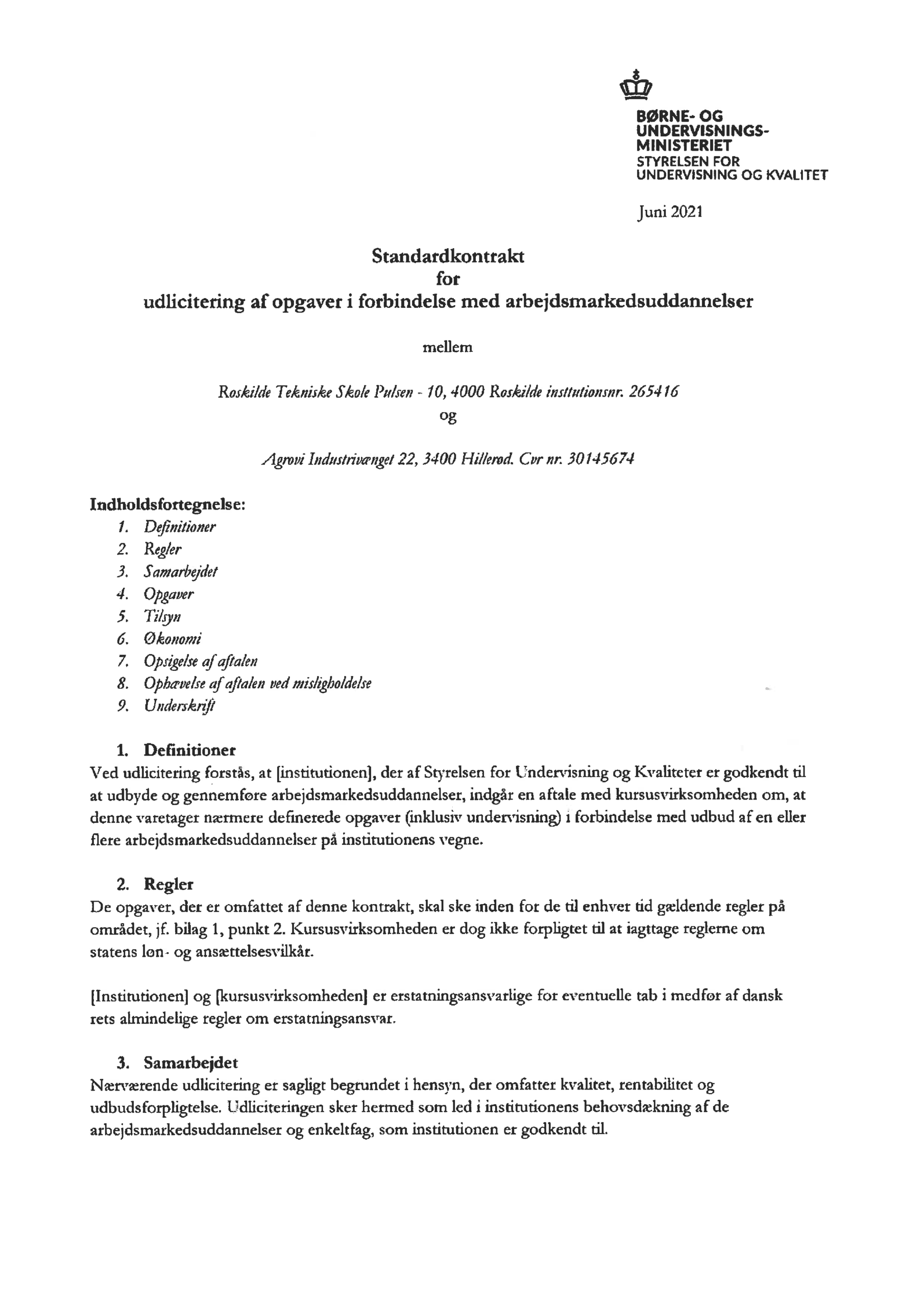 Kontrakt for udlicitering af opgaver i forbindelse med arbejdsmarkedsuddannelser